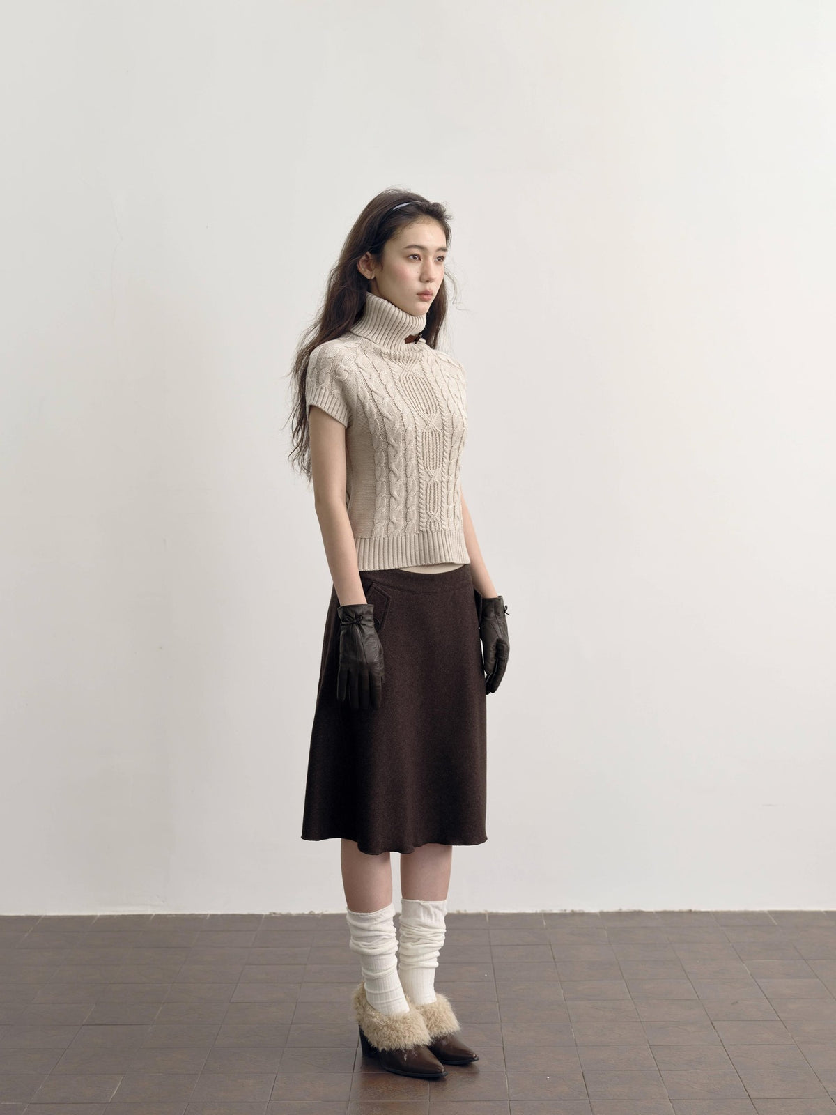DKZ OFFICIAL Brown Wool Blend A Line Ruffle Pocket Women&