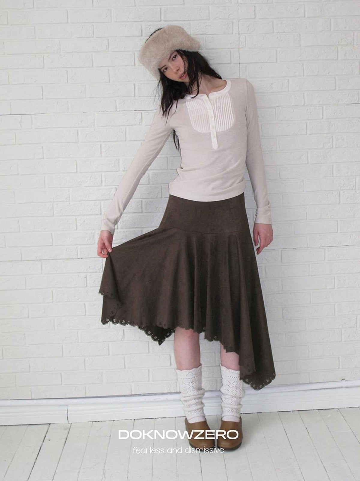 DKZ OFFICIAL Burnout Asymmetric A Line Faux Suede Women&