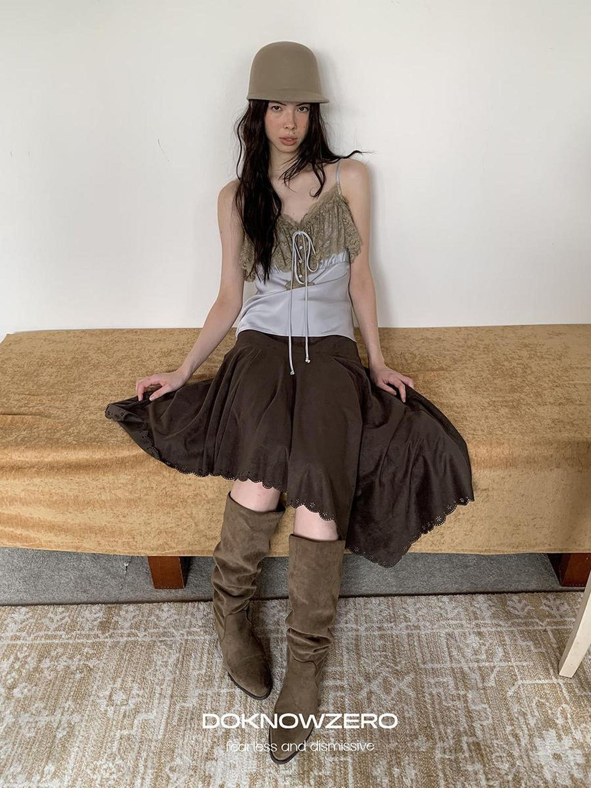 DKZ OFFICIAL Burnout Asymmetric A Line Faux Suede Women&