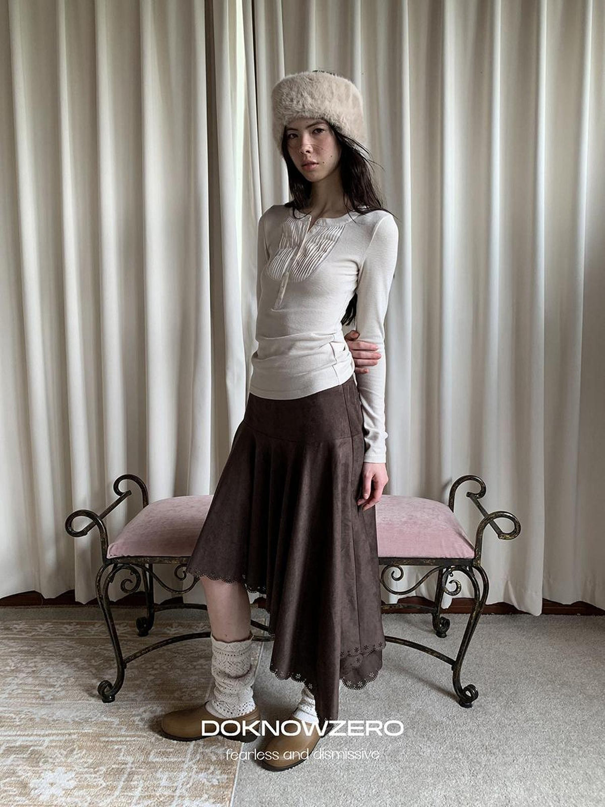 DKZ OFFICIAL Burnout Asymmetric A Line Faux Suede Women&