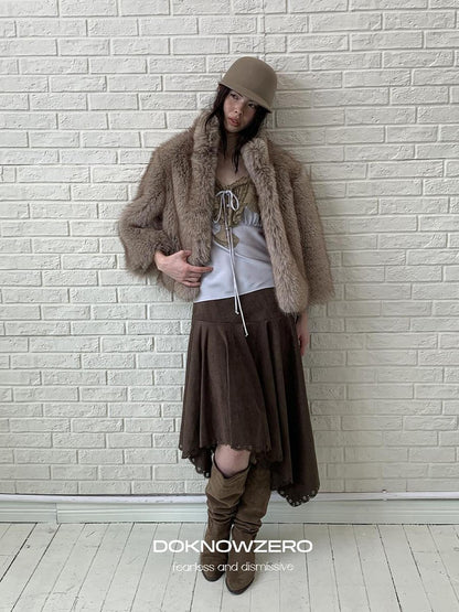 DKZ OFFICIAL Burnout Asymmetric A Line Faux Suede Women&
