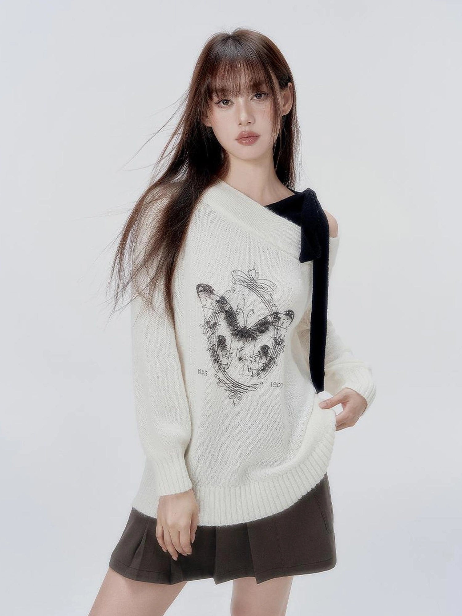 DKZ OFFICIAL Butterfly Off Shoulder Knit Sweater Vintage Print Top