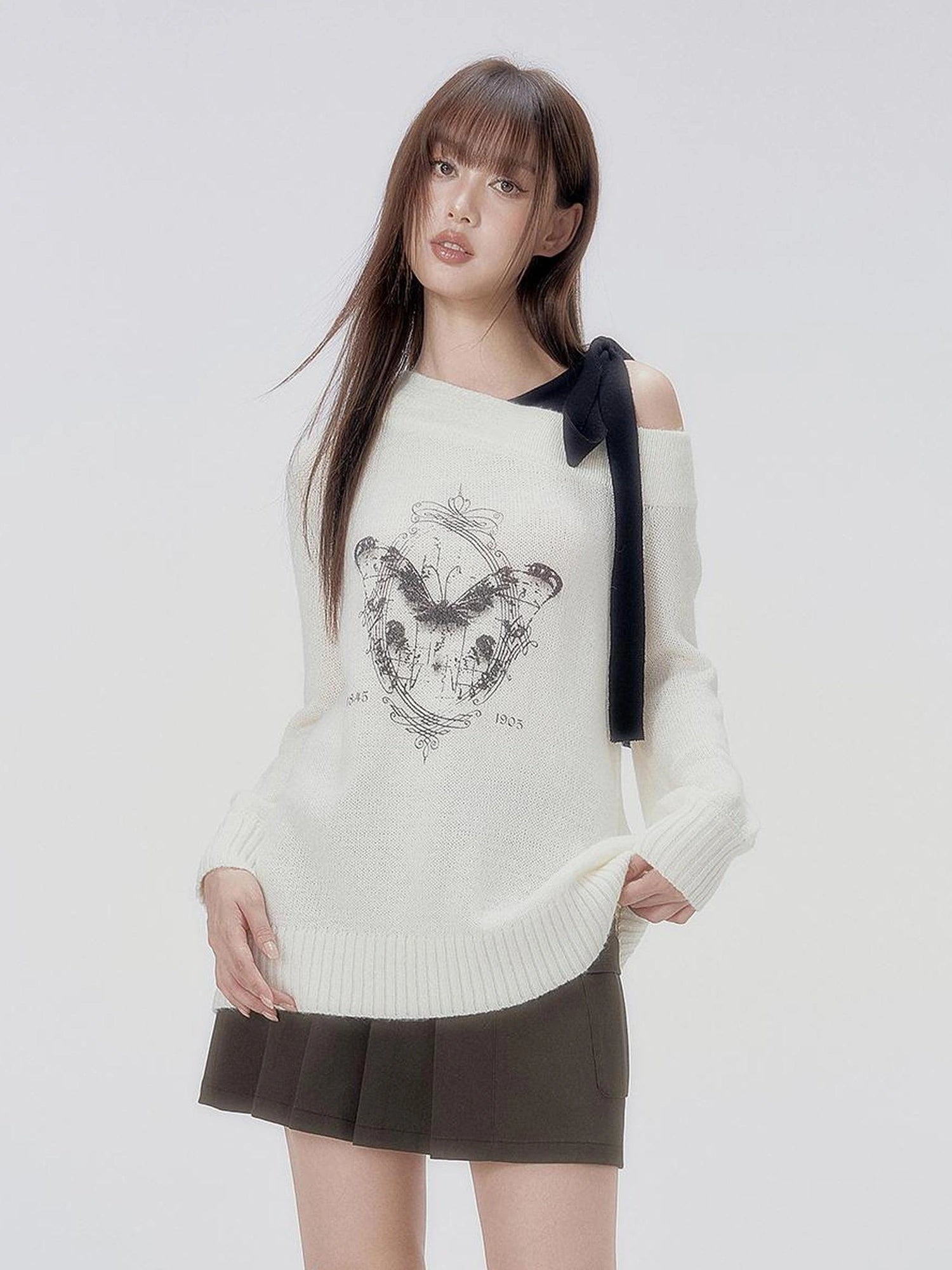 DKZ OFFICIAL Butterfly Off Shoulder Knit Sweater Vintage Print Top