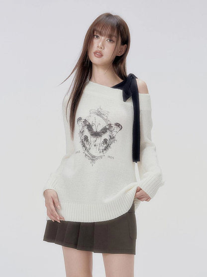 DKZ OFFICIAL Butterfly Off Shoulder Knit Sweater Vintage Print Top