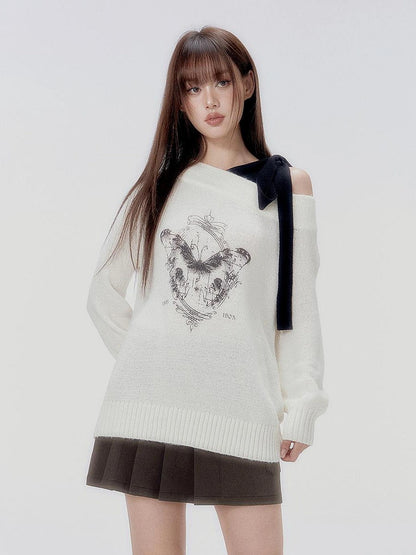 DKZ OFFICIAL Butterfly Off Shoulder Knit Sweater Vintage Print Top