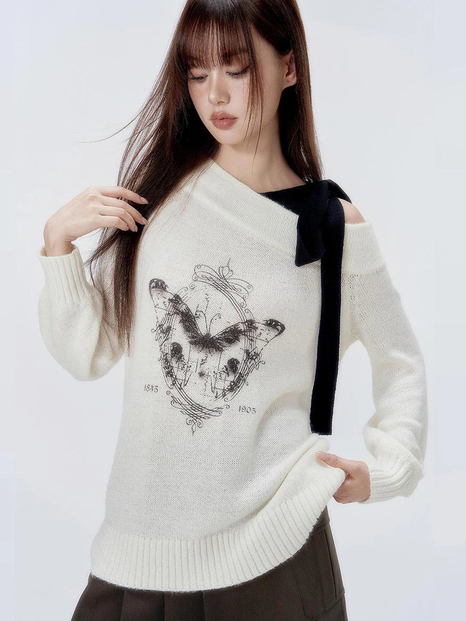 DKZ OFFICIAL Butterfly Off Shoulder Knit Sweater Vintage Print Top