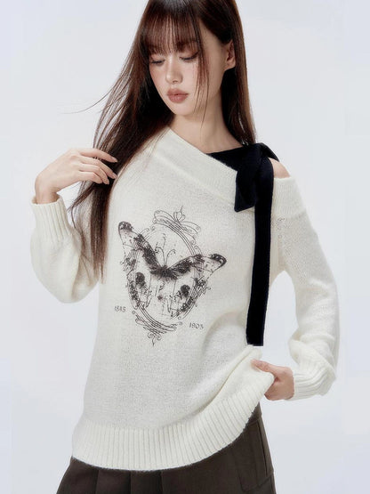 DKZ OFFICIAL Butterfly Off Shoulder Knit Sweater Vintage Print Top