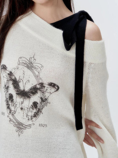 DKZ OFFICIAL Butterfly Off Shoulder Knit Sweater Vintage Print Top