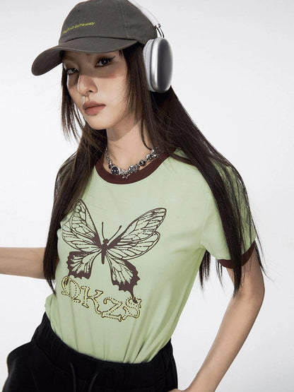 DKZ OFFICIAL Butterfly Print Color Block Loose Tee