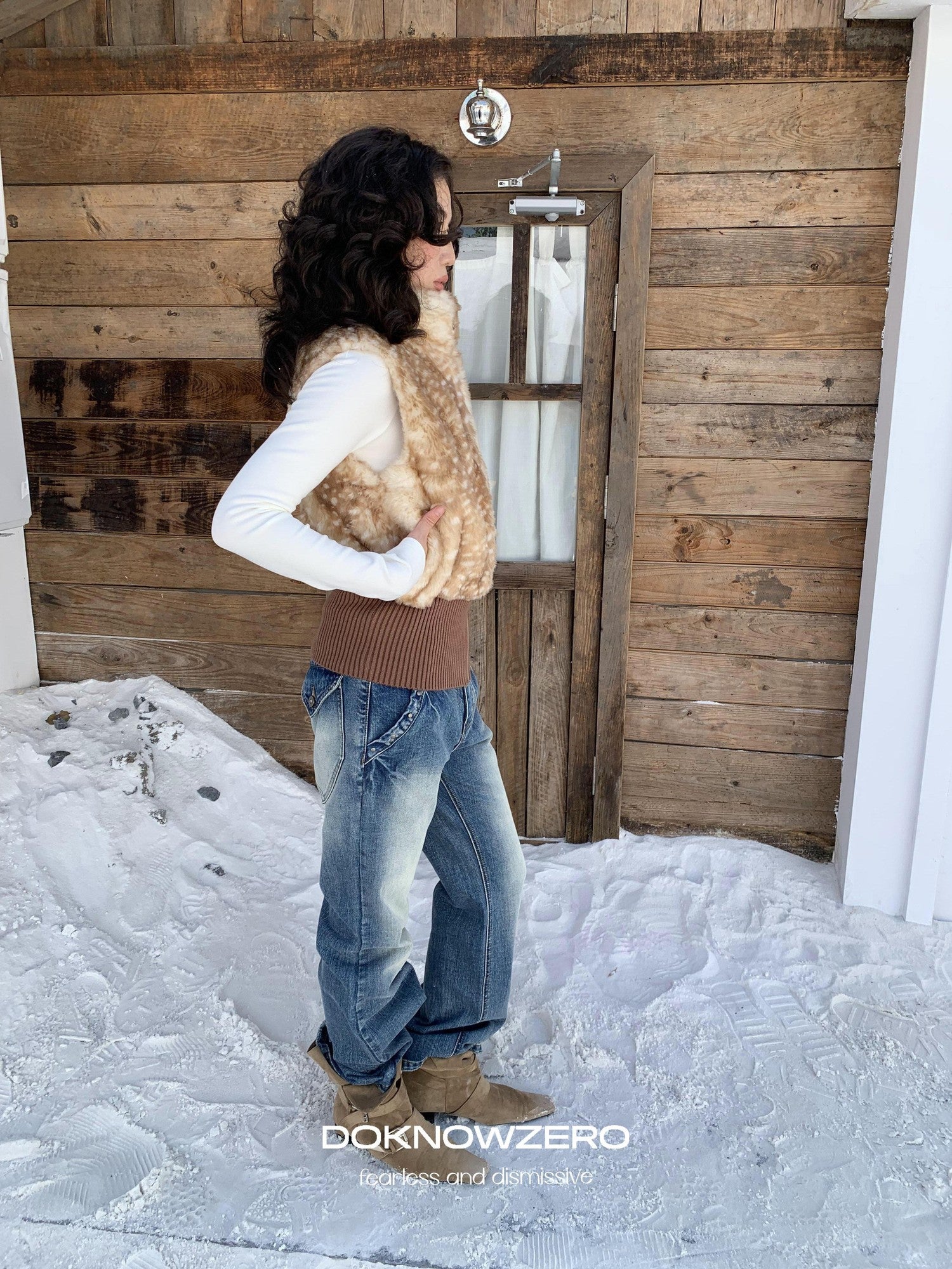 DKZ OFFICIAL Camel Deer Print Faux Fur Stand Collar Women&