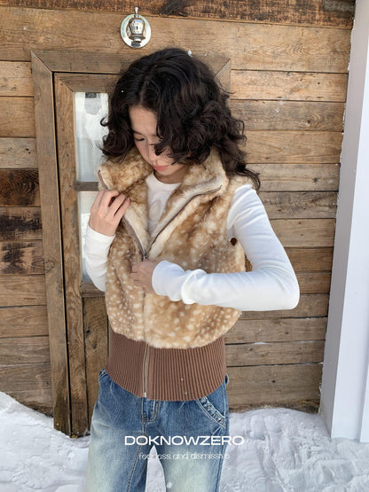DKZ OFFICIAL Camel Deer Print Faux Fur Stand Collar Women&