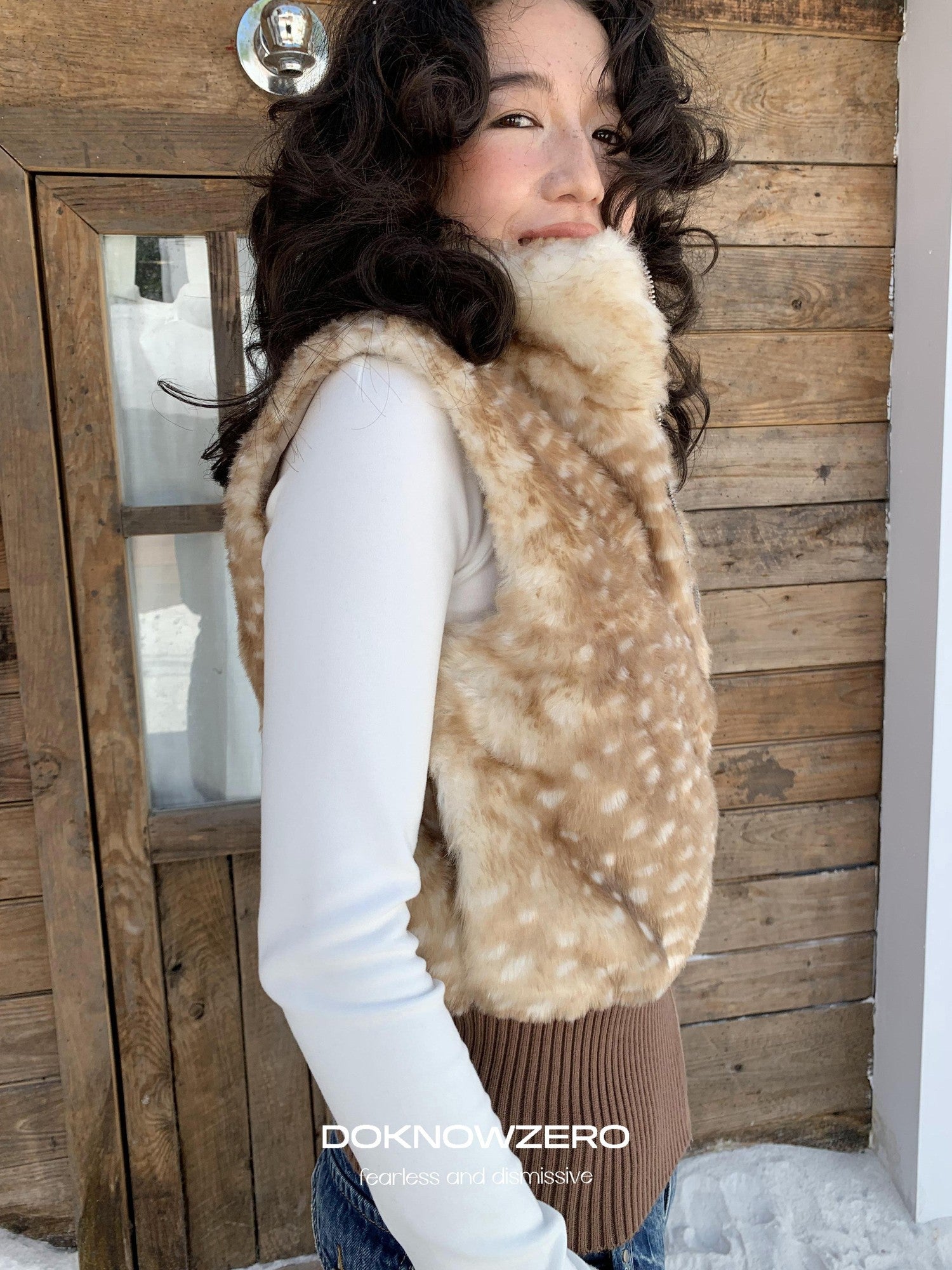DKZ OFFICIAL Camel Deer Print Faux Fur Stand Collar Women&