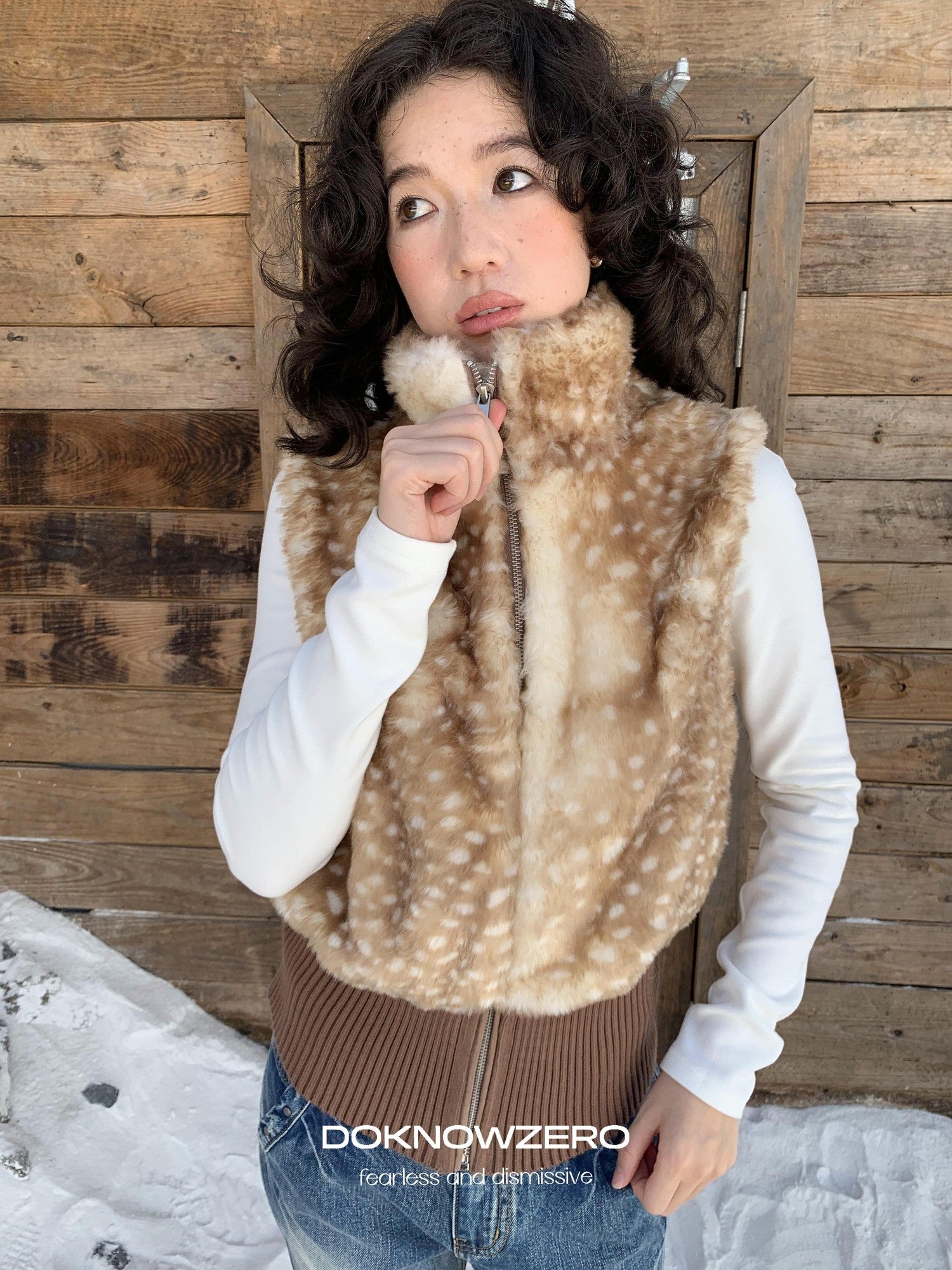 DKZ OFFICIAL Camel Deer Print Faux Fur Stand Collar Women&