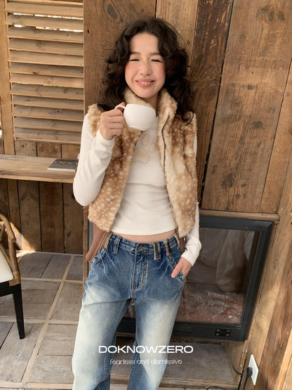 DKZ OFFICIAL Camel Deer Print Faux Fur Stand Collar Women&