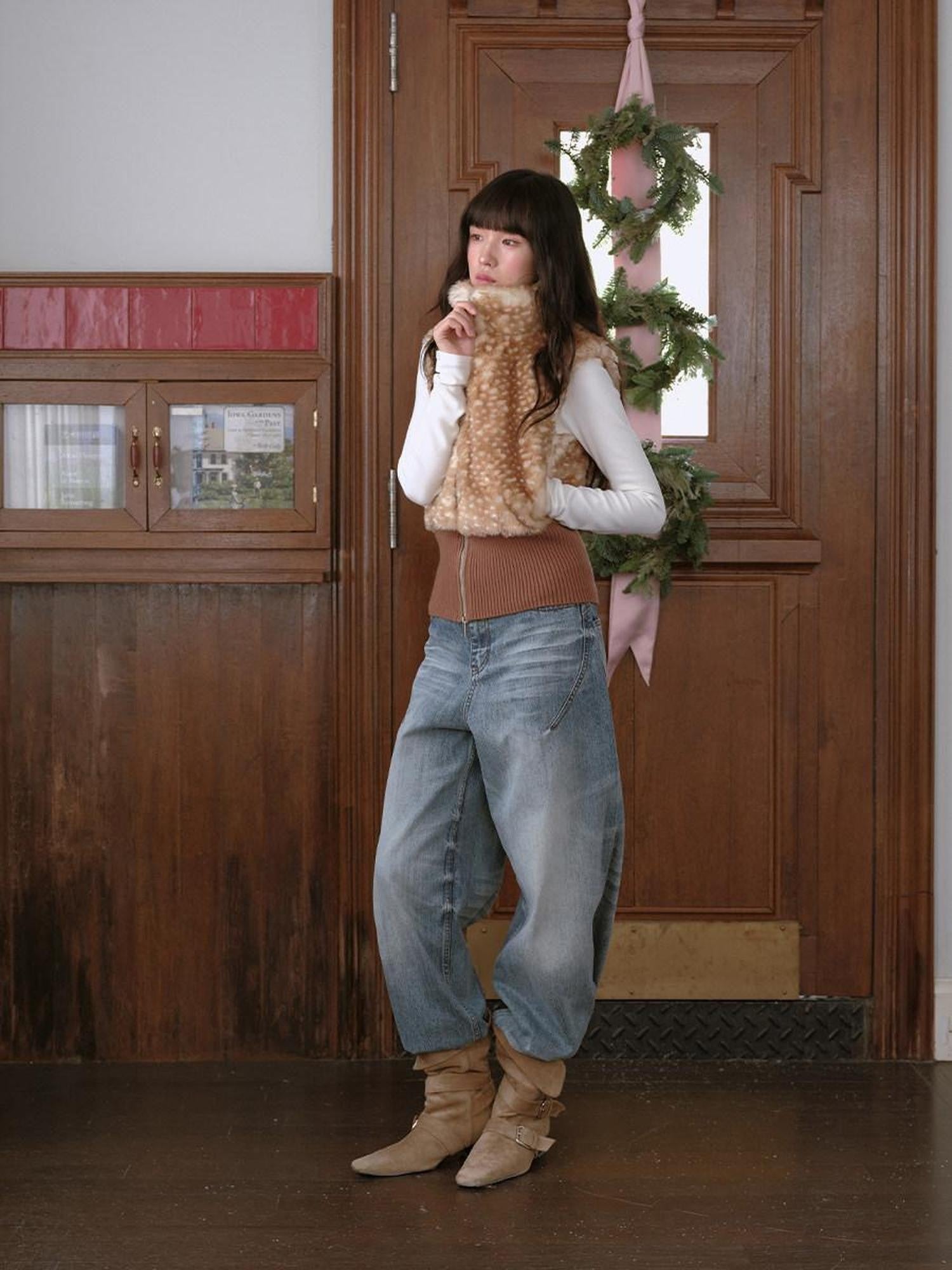 DKZ OFFICIAL Camel Deer Print Faux Fur Stand Collar Women&