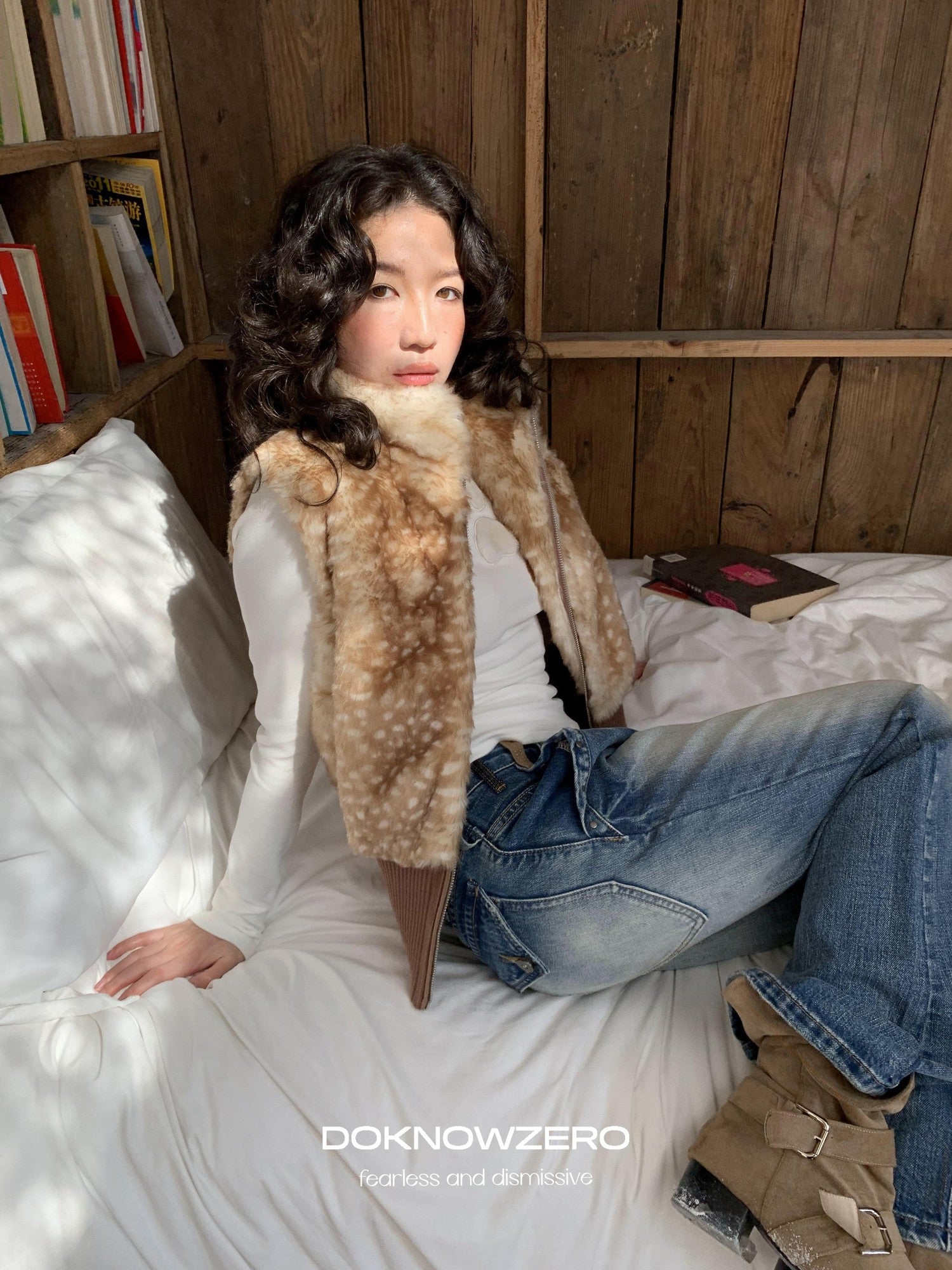 DKZ OFFICIAL Camel Deer Print Faux Fur Stand Collar Women&