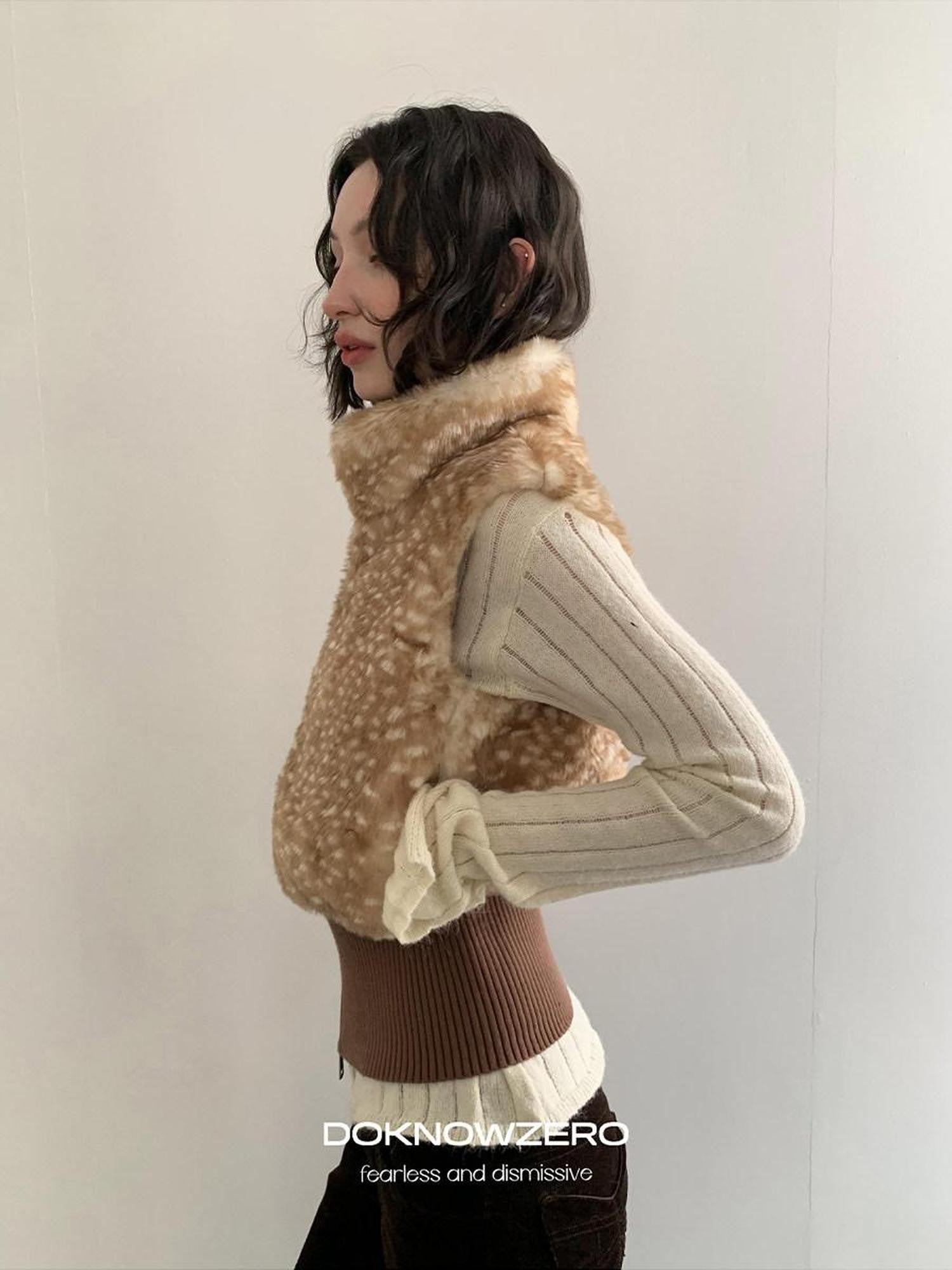 DKZ OFFICIAL Camel Deer Print Faux Fur Stand Collar Women&