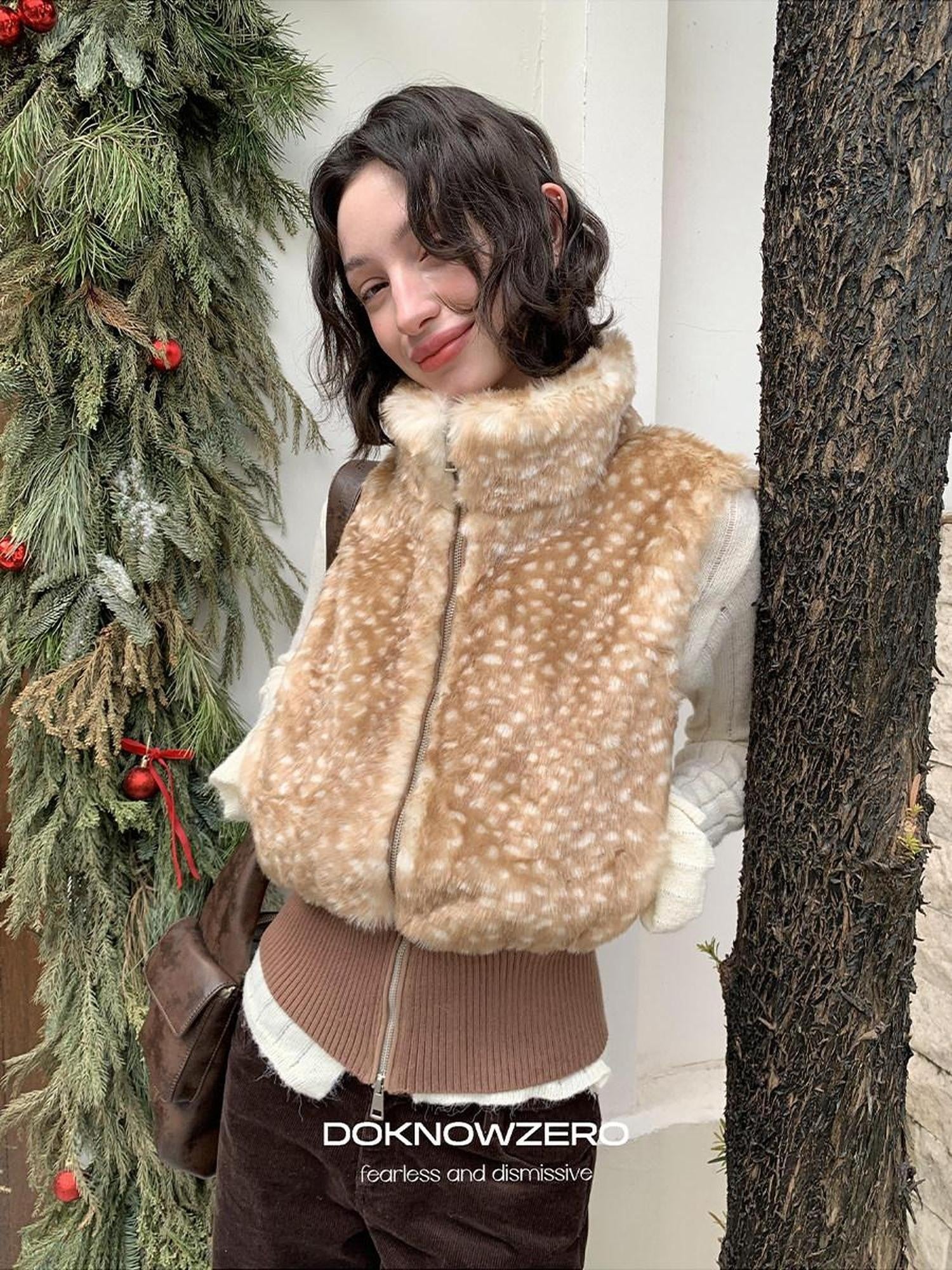 DKZ OFFICIAL Camel Deer Print Faux Fur Stand Collar Women&
