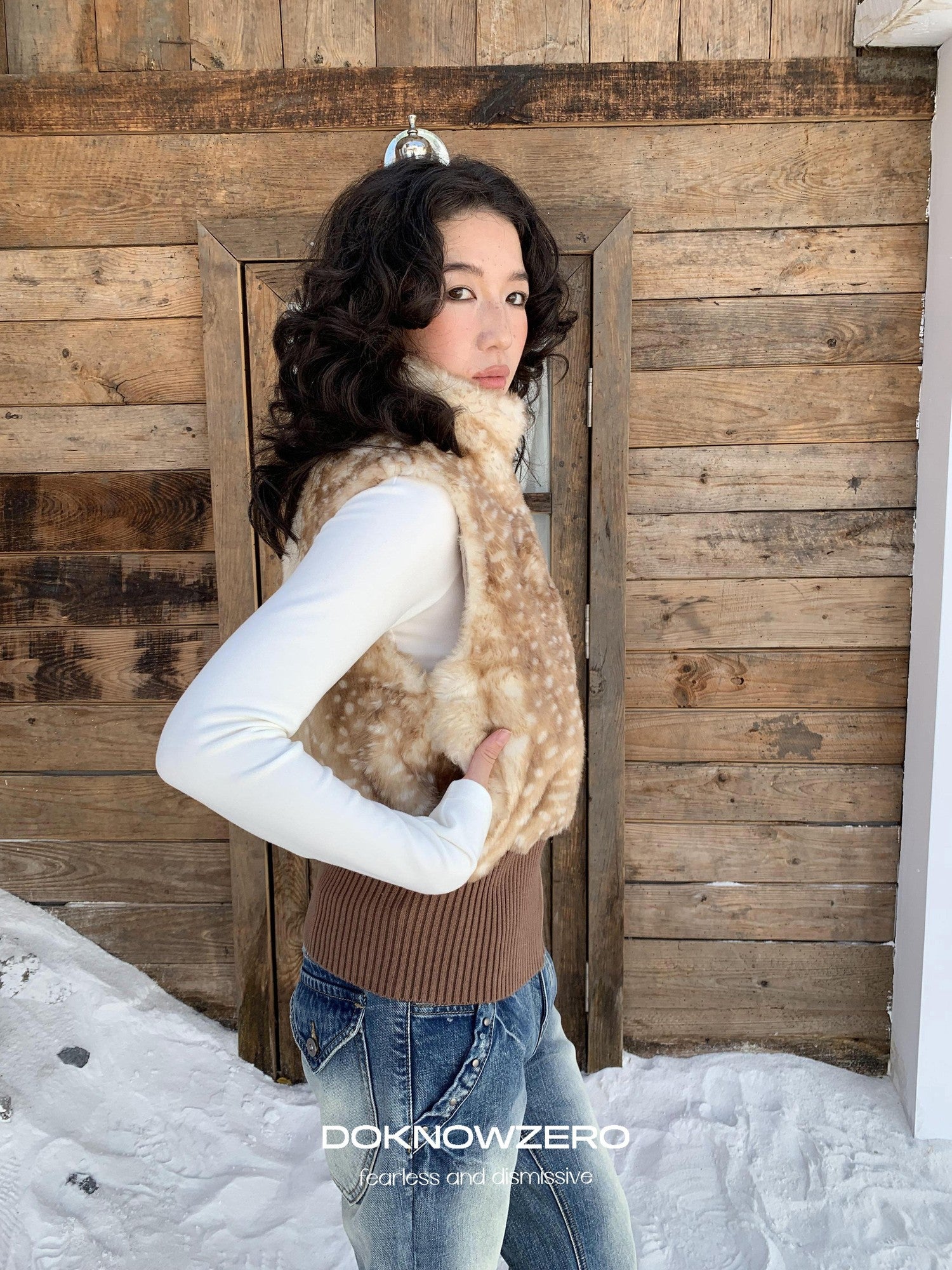 DKZ OFFICIAL Camel Deer Print Faux Fur Stand Collar Women&