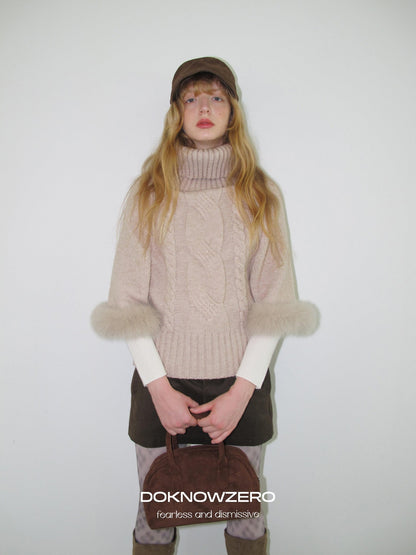 DKZ OFFICIAL Camel Detachable Fox Fur Turtleneck Loose Straight Women&