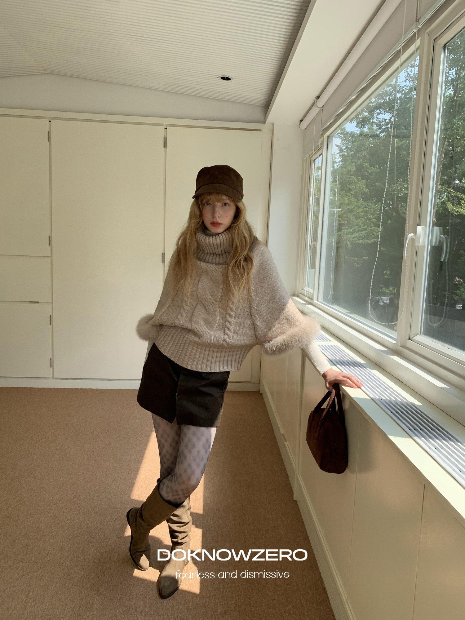 DKZ OFFICIAL Camel Detachable Fox Fur Turtleneck Loose Straight Women&