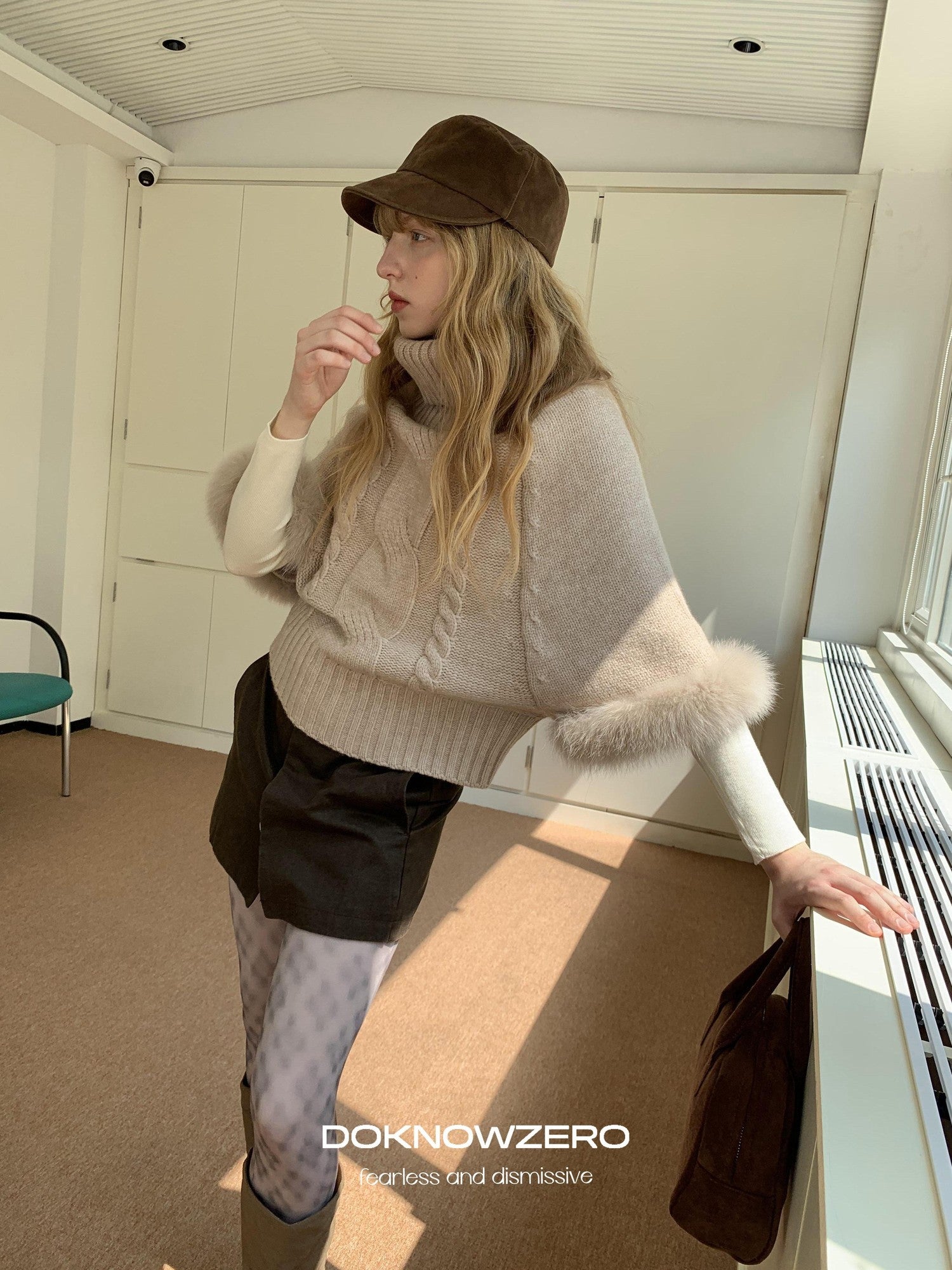 DKZ OFFICIAL Camel Detachable Fox Fur Turtleneck Loose Straight Women&