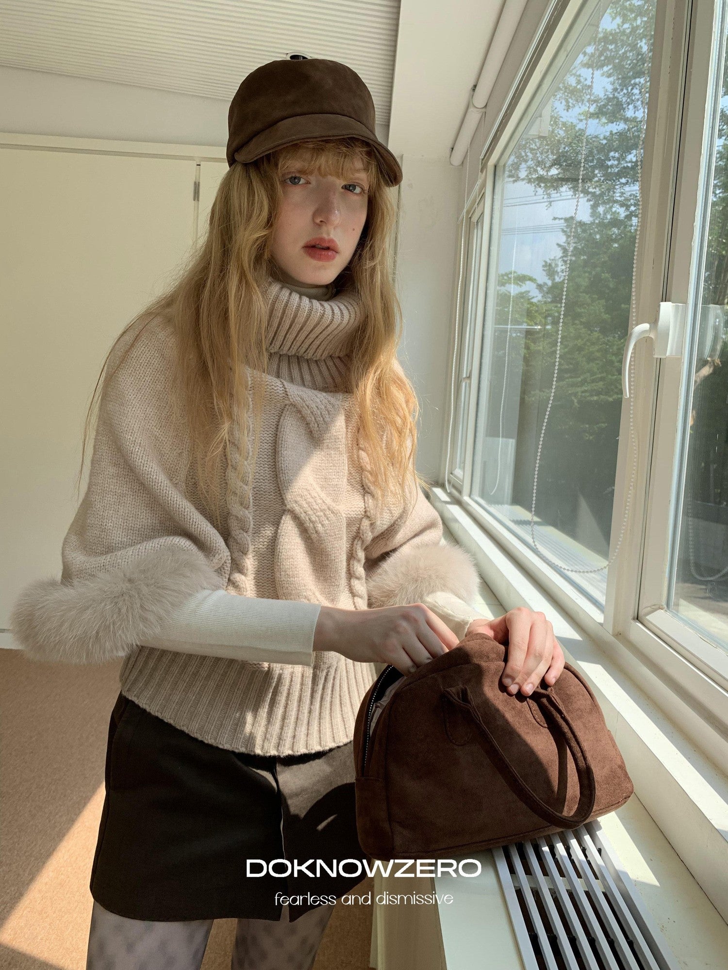 DKZ OFFICIAL Camel Detachable Fox Fur Turtleneck Loose Straight Women&
