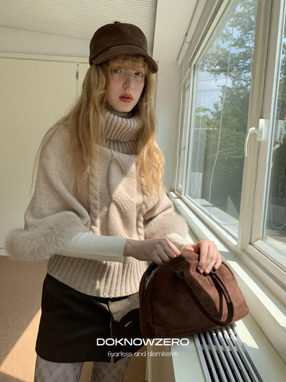 DKZ OFFICIAL Camel Detachable Fox Fur Turtleneck Loose Straight Women&