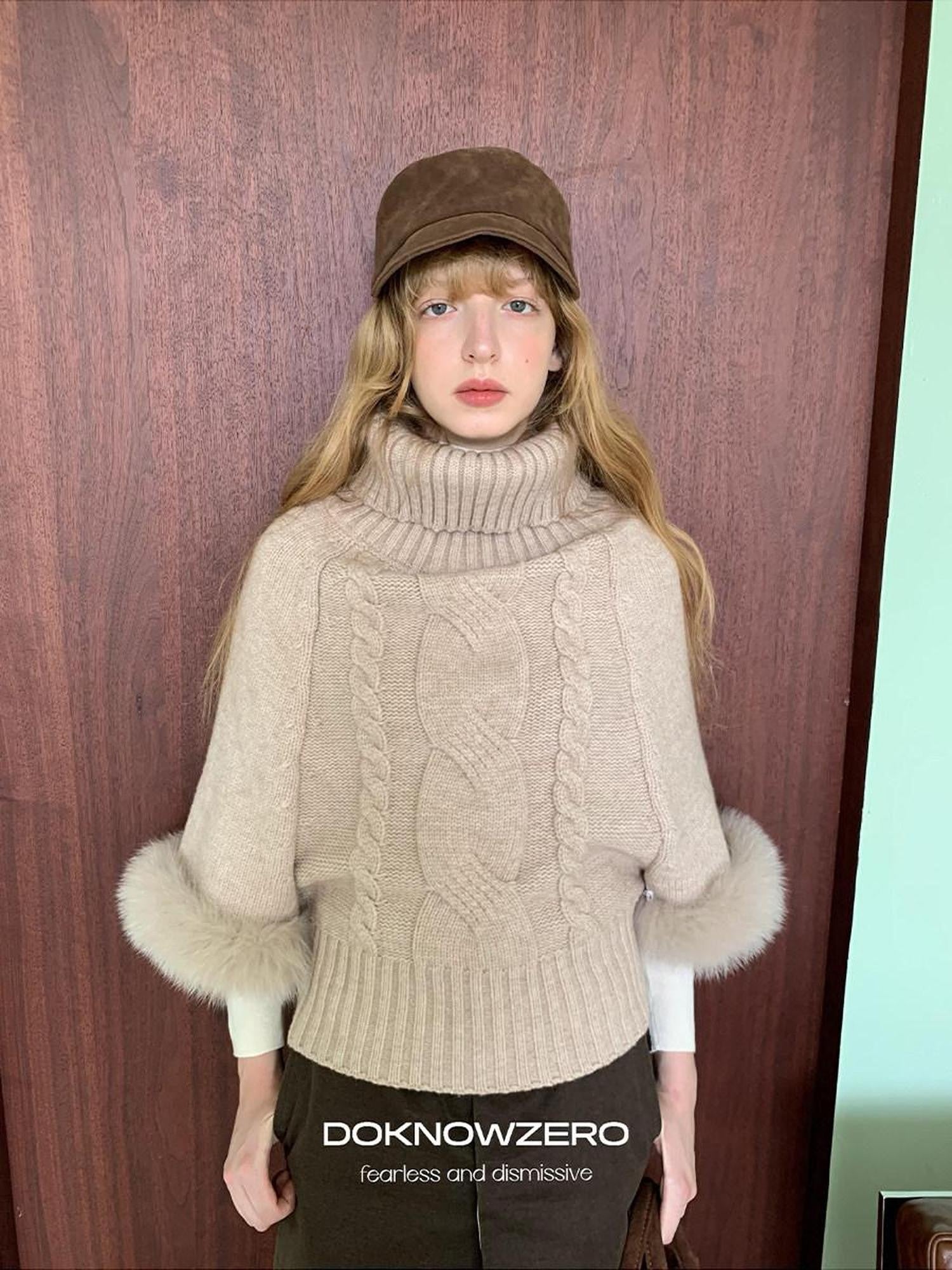DKZ OFFICIAL Camel Detachable Fox Fur Turtleneck Loose Straight Women&