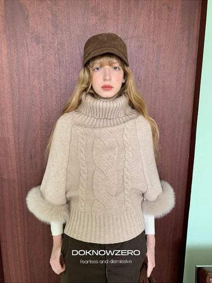 DKZ OFFICIAL Camel Detachable Fox Fur Turtleneck Loose Straight Women&