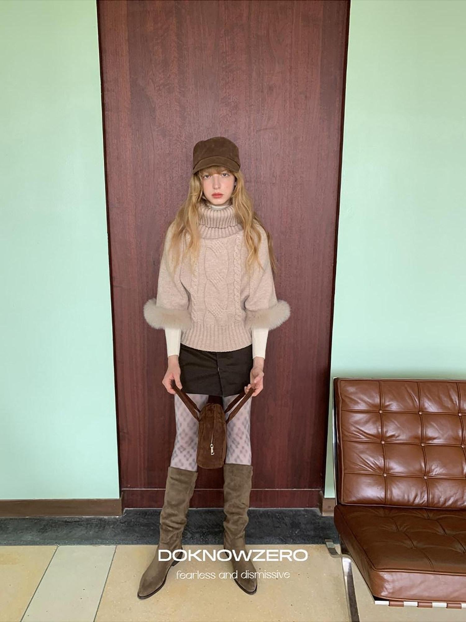 DKZ OFFICIAL Camel Detachable Fox Fur Turtleneck Loose Straight Women&