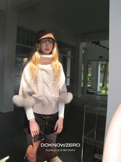 DKZ OFFICIAL Camel Detachable Fox Fur Turtleneck Loose Straight Women&
