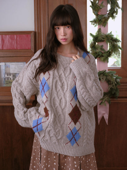 DKZ OFFICIAL Camel Diamond Cable Chunky Round Neck Women&
