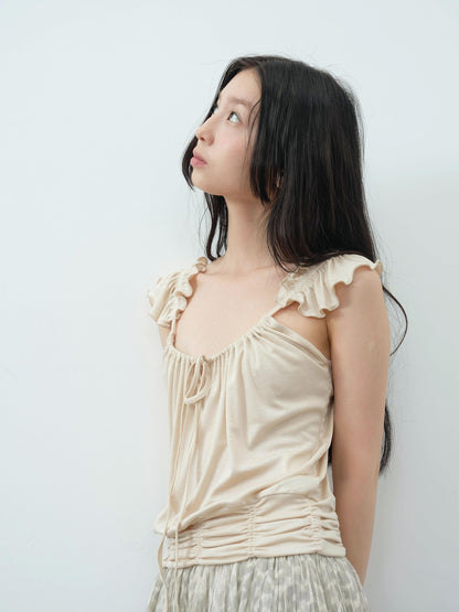 DKZ OFFICIAL Camel Ruffle Pleated Cropped Strappy Straight Women&