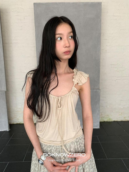 DKZ OFFICIAL Camel Ruffle Pleated Cropped Strappy Straight Women&
