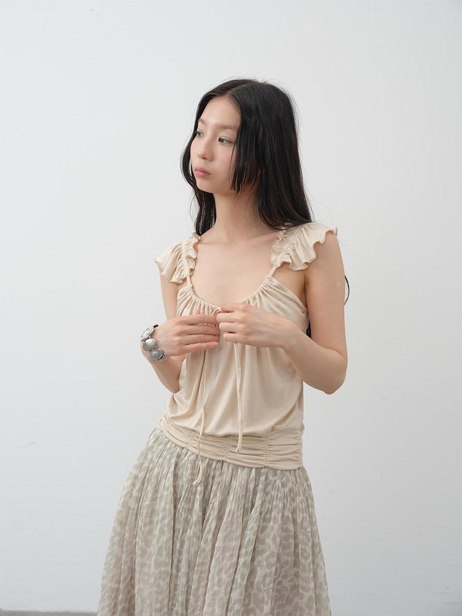 DKZ OFFICIAL Camel Ruffle Pleated Cropped Strappy Straight Women&