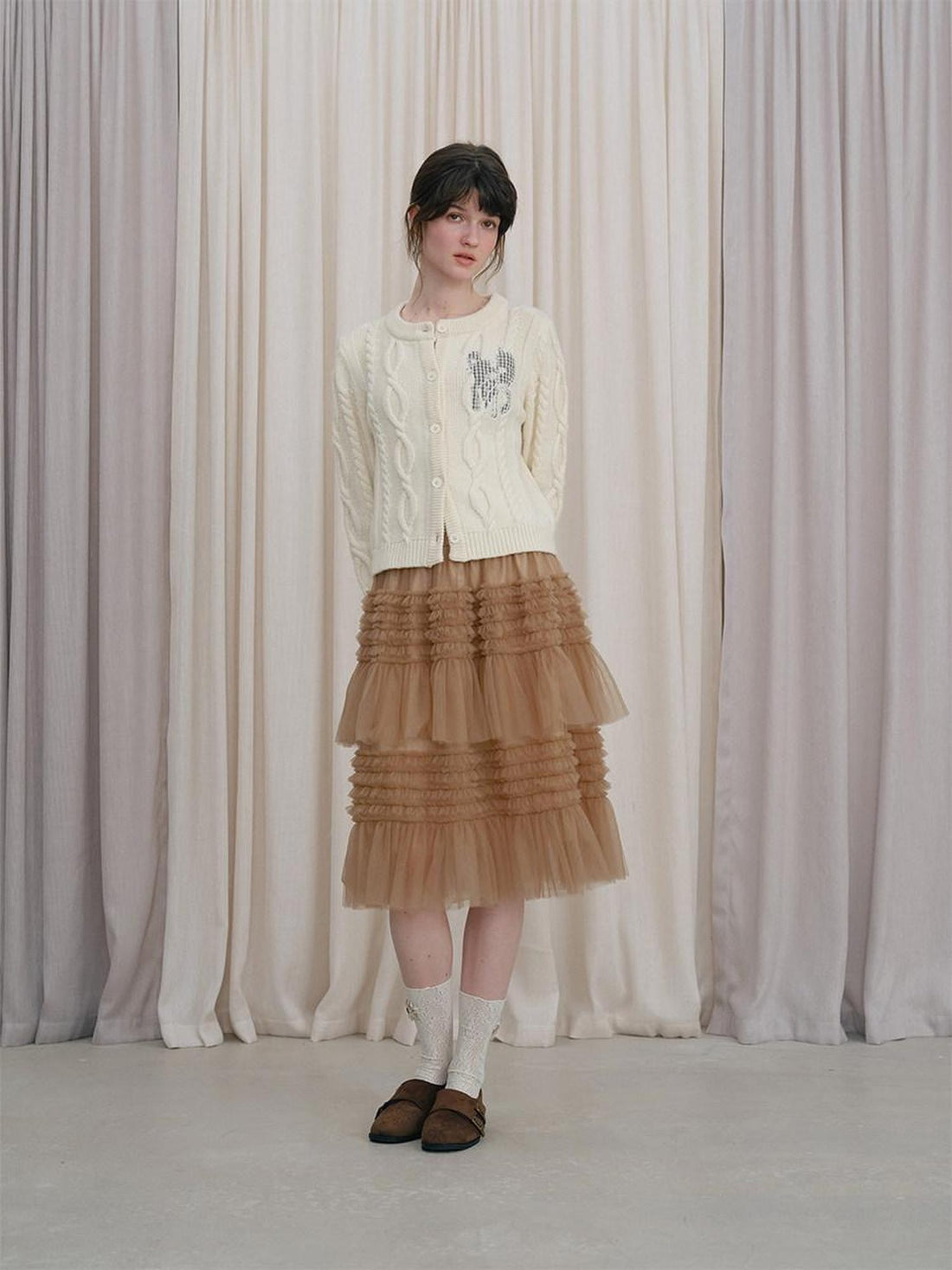 DKZ OFFICIAL Camel Tulle Puff Ruffle Lace Splice Women&
