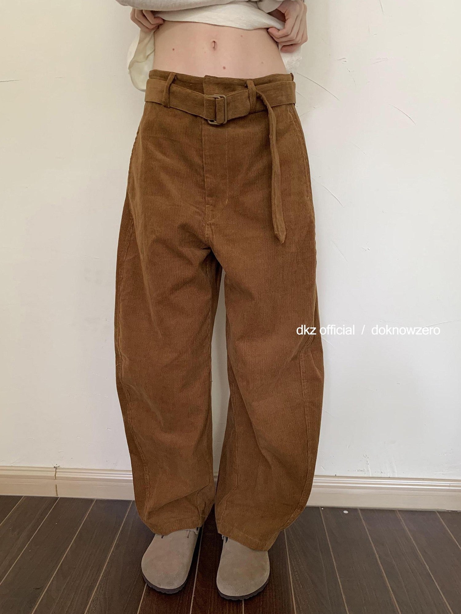 DKZ OFFICIAL Caramel Corduroy Belted Curved Leg Pocket Women&