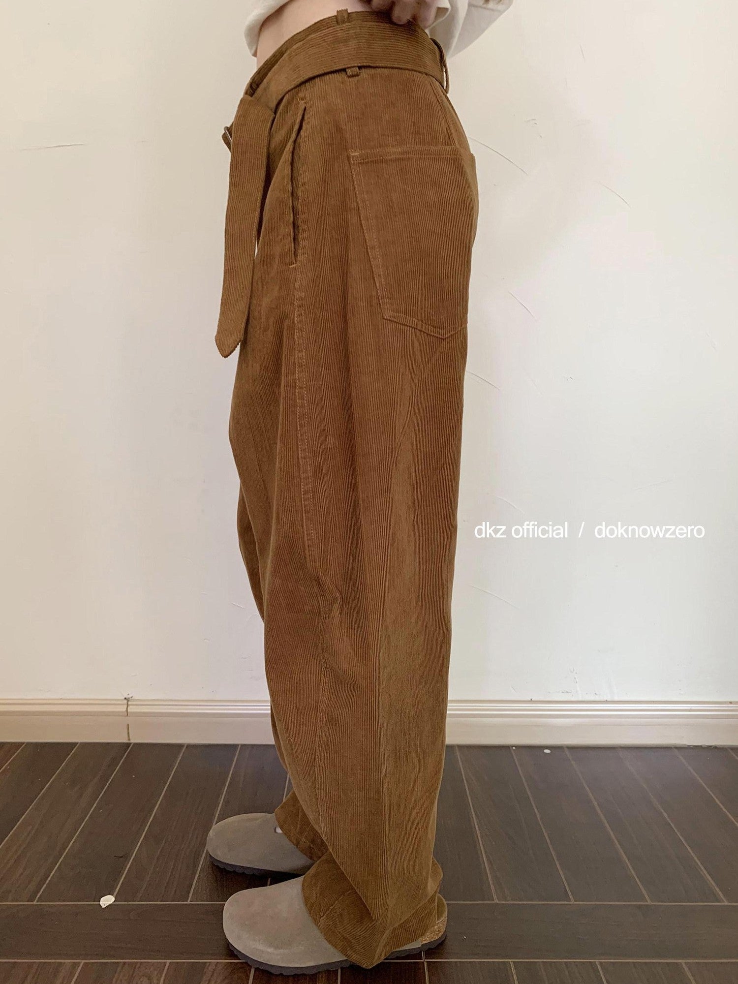 DKZ OFFICIAL Caramel Corduroy Belted Curved Leg Pocket Women&