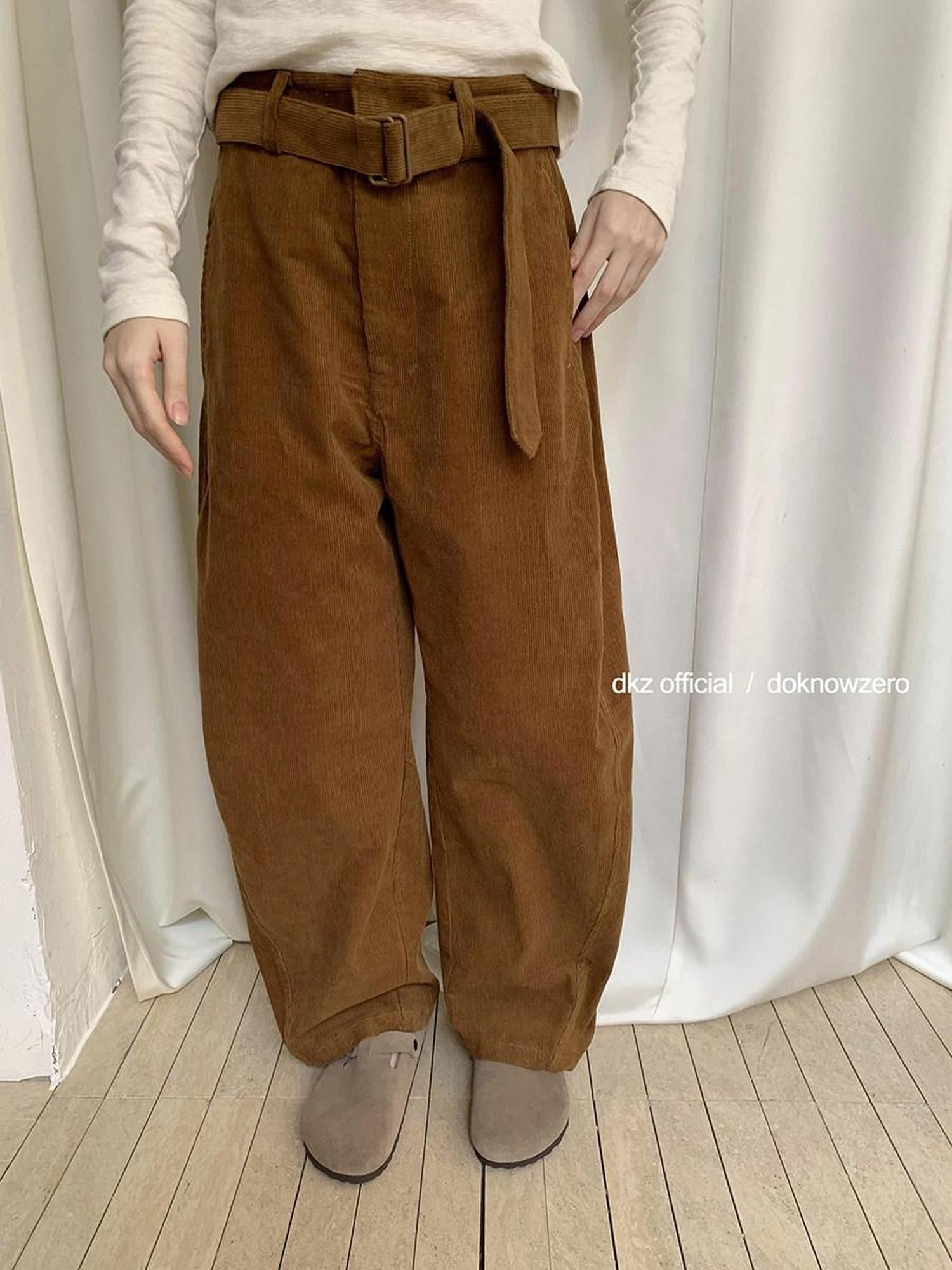 DKZ OFFICIAL Caramel Corduroy Belted Curved Leg Pocket Women&