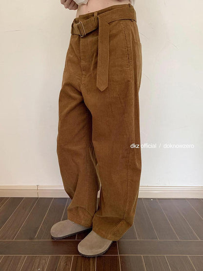DKZ OFFICIAL Caramel Corduroy Belted Curved Leg Pocket Women&