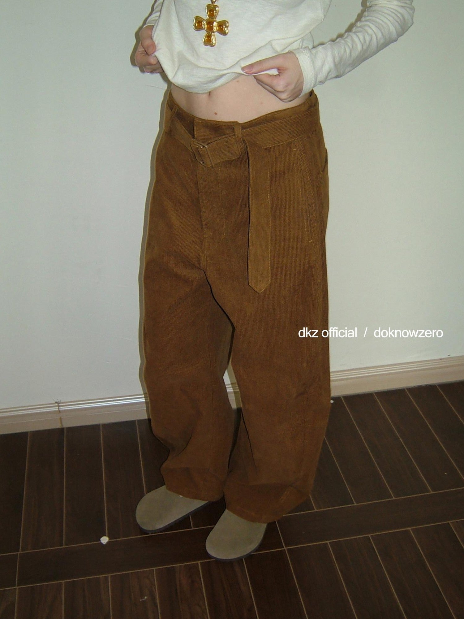 DKZ OFFICIAL Caramel Corduroy Belted Curved Leg Pocket Women&