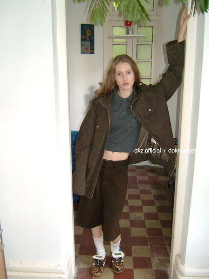 DKZ OFFICIAL Caramel Textured Pu Leather Jacket Loose Fit Retro Style