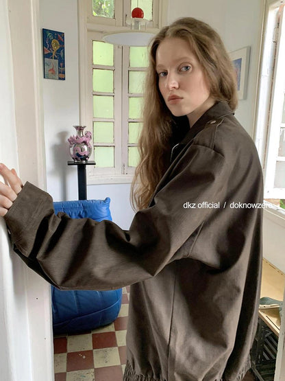 DKZ OFFICIAL Caramel Textured Pu Leather Jacket Loose Fit Retro Style
