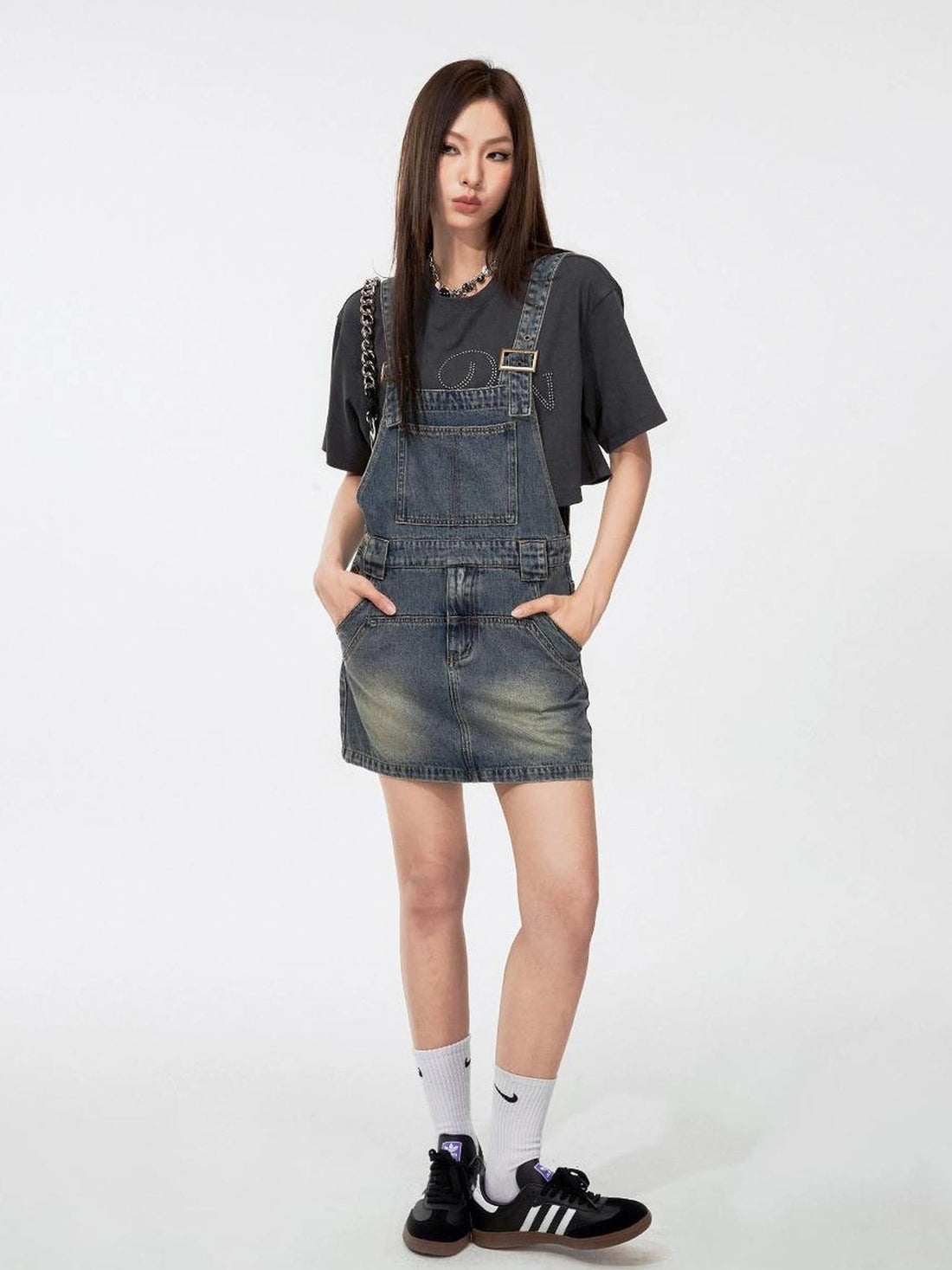 DKZ OFFICIAL Casual Denim Pinafore Dress With Adjustable Straps