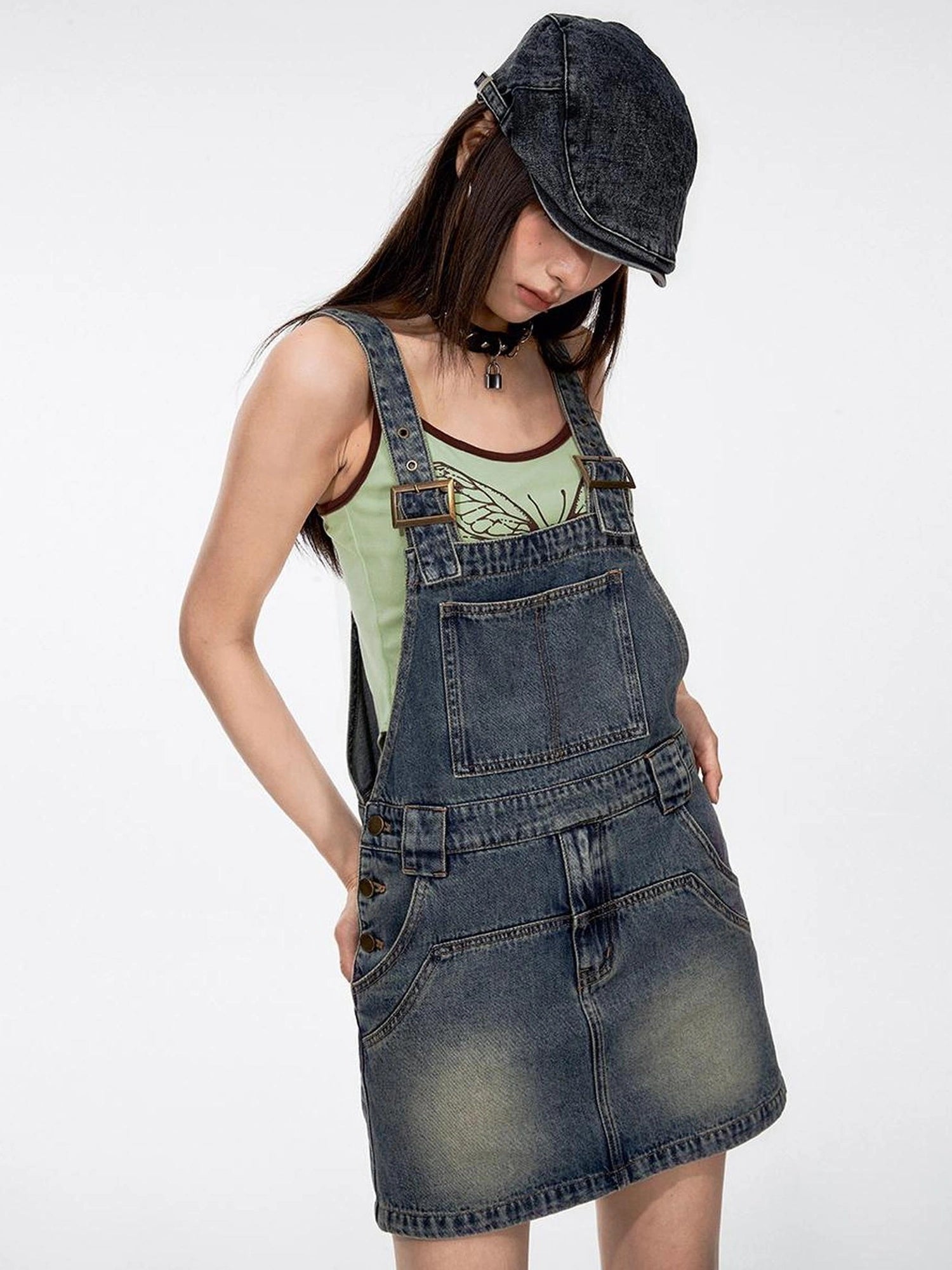DKZ OFFICIAL Casual Denim Pinafore Dress With Adjustable Straps