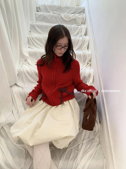 DKZ OFFICIAL Christmas Red Knit Cardigan With Bow For Women Cozy Winter Sweater