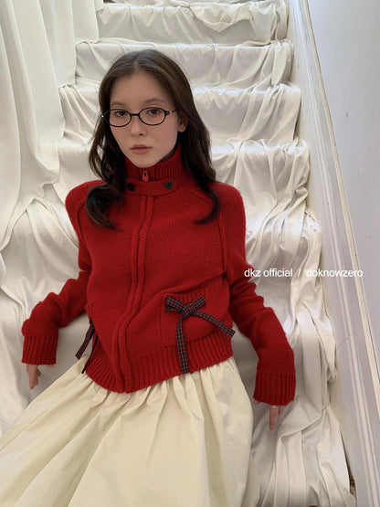 DKZ OFFICIAL Christmas Red Knit Cardigan With Bow For Women Cozy Winter Sweater
