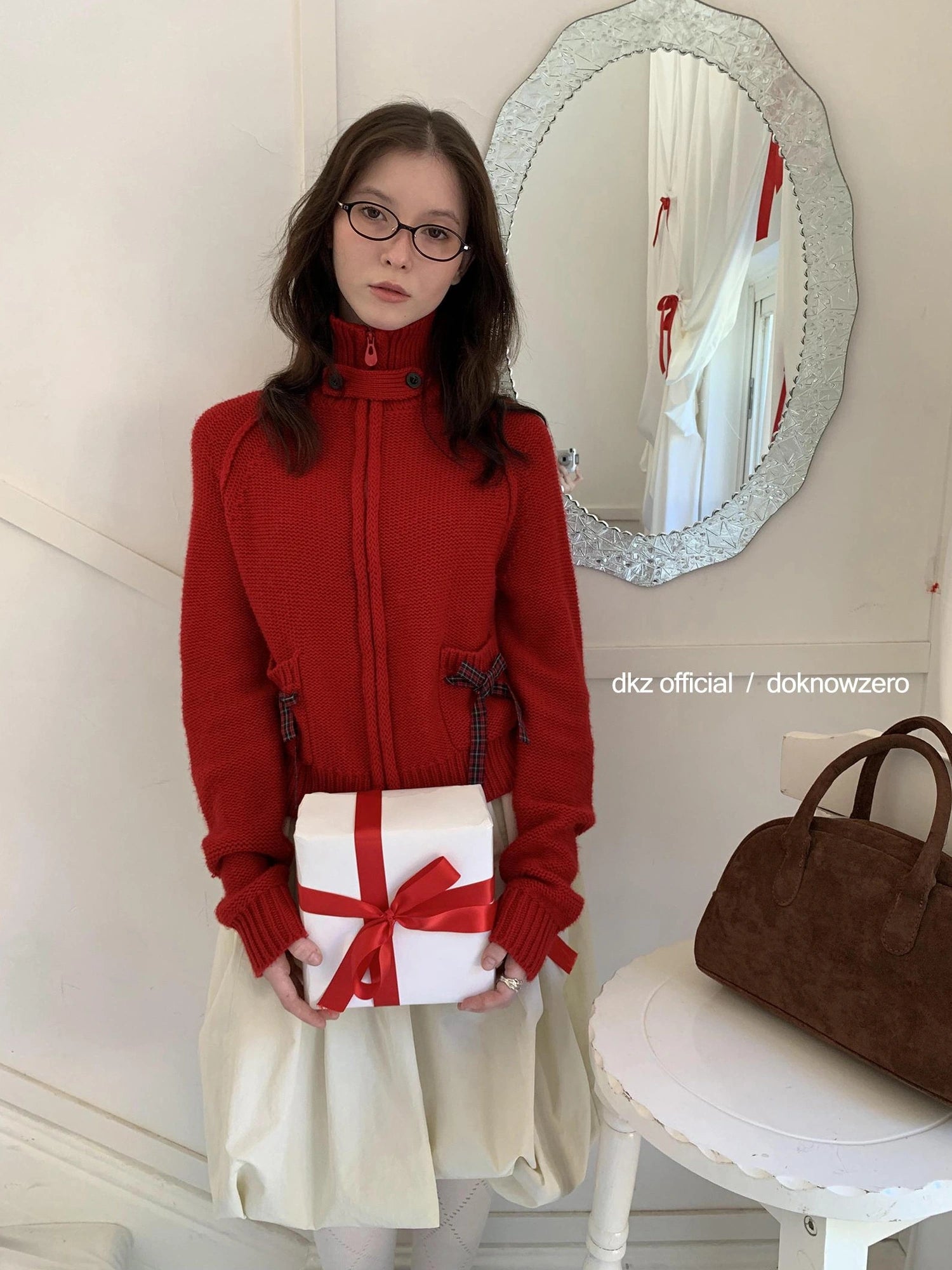 DKZ OFFICIAL Christmas Red Knit Cardigan With Bow For Women Cozy Winter Sweater