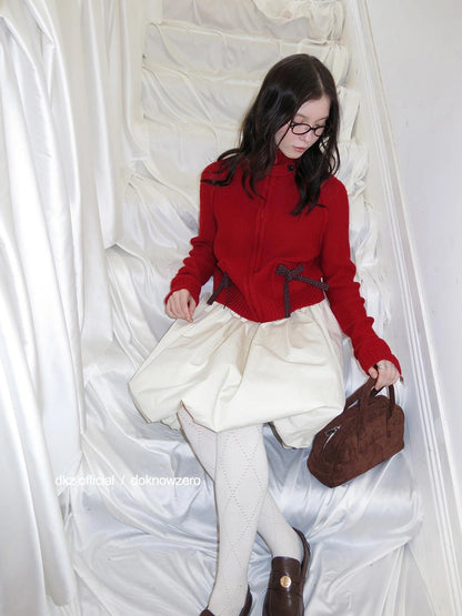 DKZ OFFICIAL Christmas Red Knit Cardigan With Bow For Women Cozy Winter Sweater